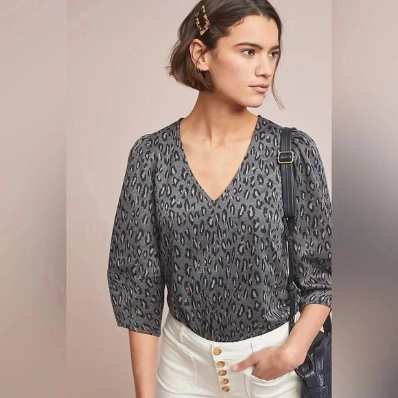 Anthropologie Current Air Grey Structured Leopard Top Pullover Sweater Size M - Picture 1 of 9